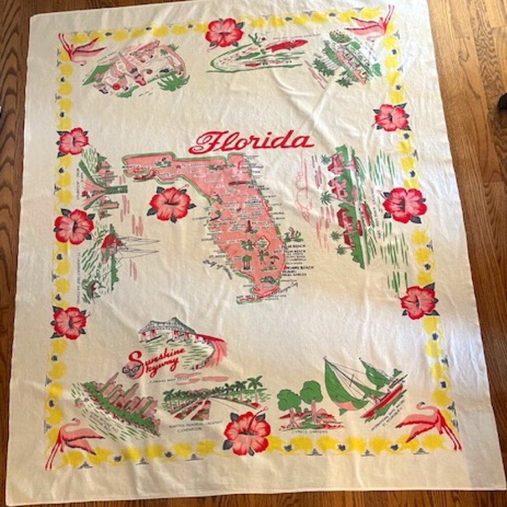 Vintage Florida Map Tablecloth Rectangle  53" X 62" Mid Century Miami in Pink &